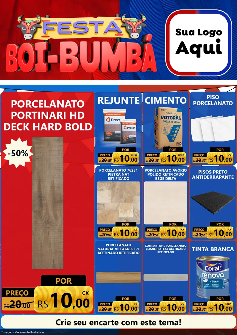 Modelo de Encarte para Encarte A4 Vertical com o tema Festa Boi Bumbá para Pisos e revestimentos