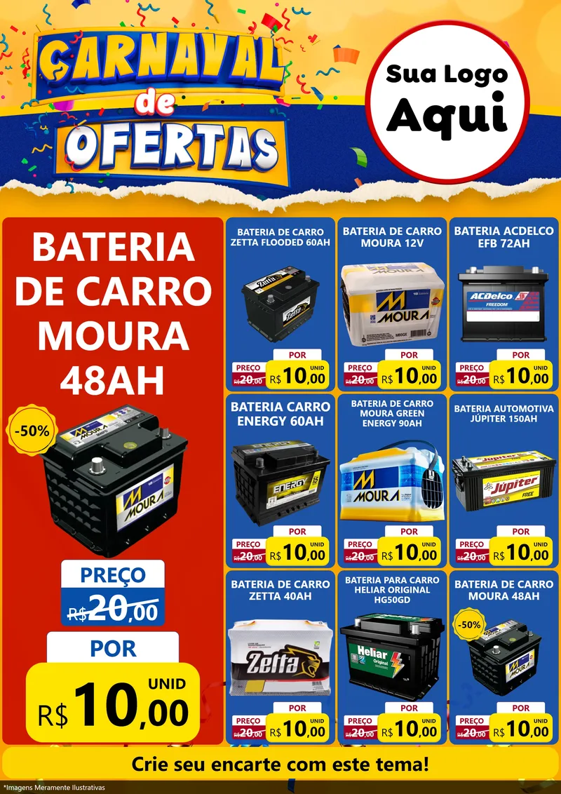 Modelo de Encarte para Encarte A4 Vertical com o tema Carnaval de Ofertas para Baterias Elétricas