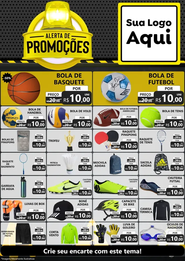 Modelo de Encarte para Encarte A4 Vertical com o tema Alerta de Promoções para Artigos Esportivos