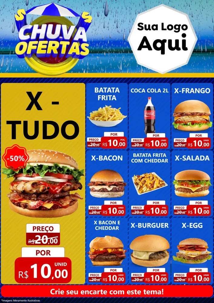 Modelo de Encarte para Encarte A4 Vertical com o tema Chuva de Ofertas para Hamburgueria