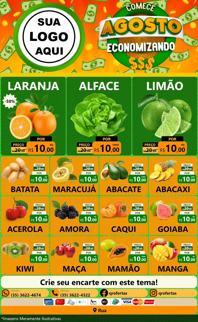 Modelo de Encarte para Encarte Grande com o tema Comece Agosto Economizando para Hortifrúti