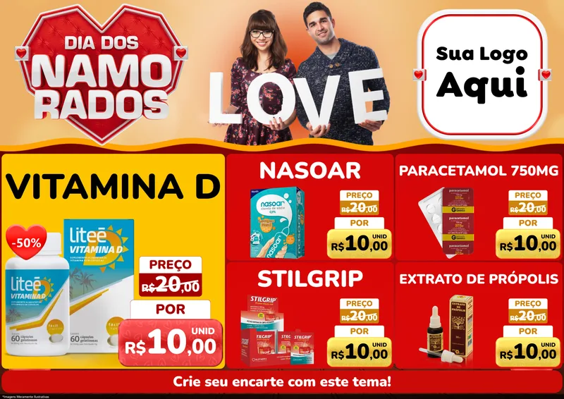 Modelo de Encarte para Encarte A4 Horizontal com o tema Dia dos Namorados para Farmácia