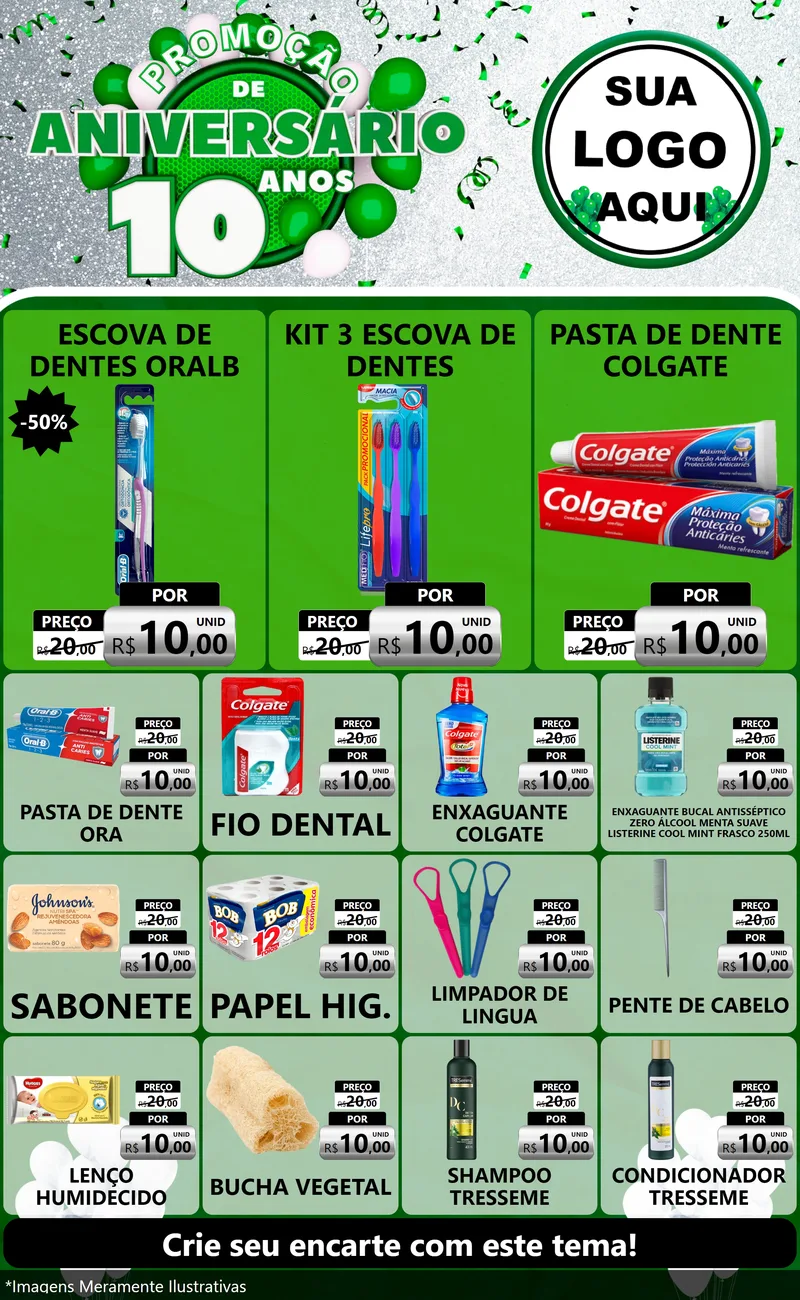 Modelo de Encarte para Encarte Grande com o tema Promoção de Aniversário - 10 Anos para Higiene Pessoal