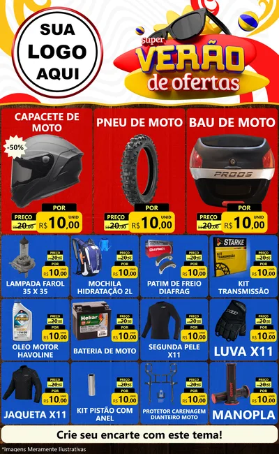Modelo de Encarte para Encarte Grande com o tema Super Verão de Ofertas para Moto peças