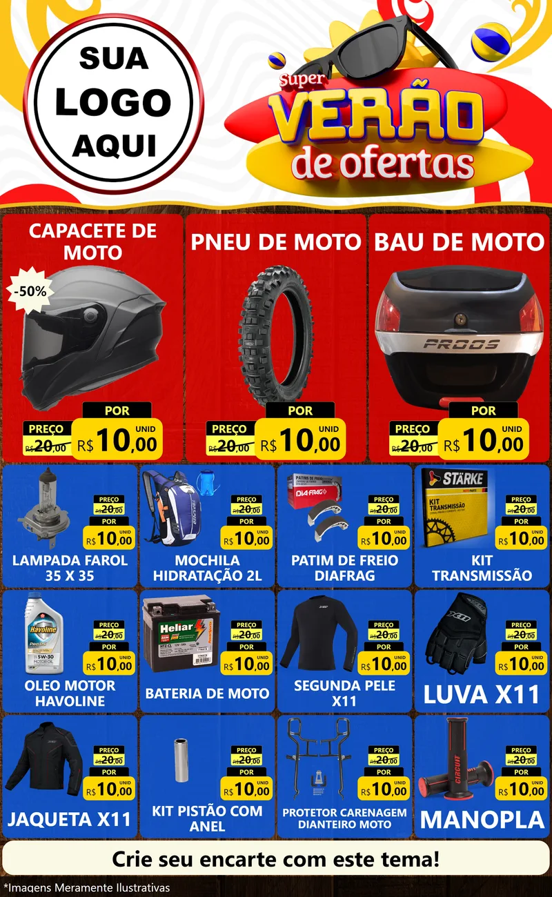 Modelo de Encarte para Encarte Grande com o tema Super Verão de Ofertas para Moto peças