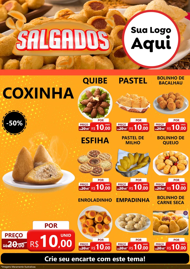 Modelo de Encarte para Encarte A4 Vertical com o tema Salgados para Salgadaria