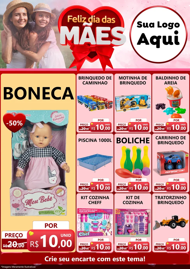 Modelo de Encarte para Encarte A4 Vertical com o tema Feliz Dia Das Mães para Brinquedos