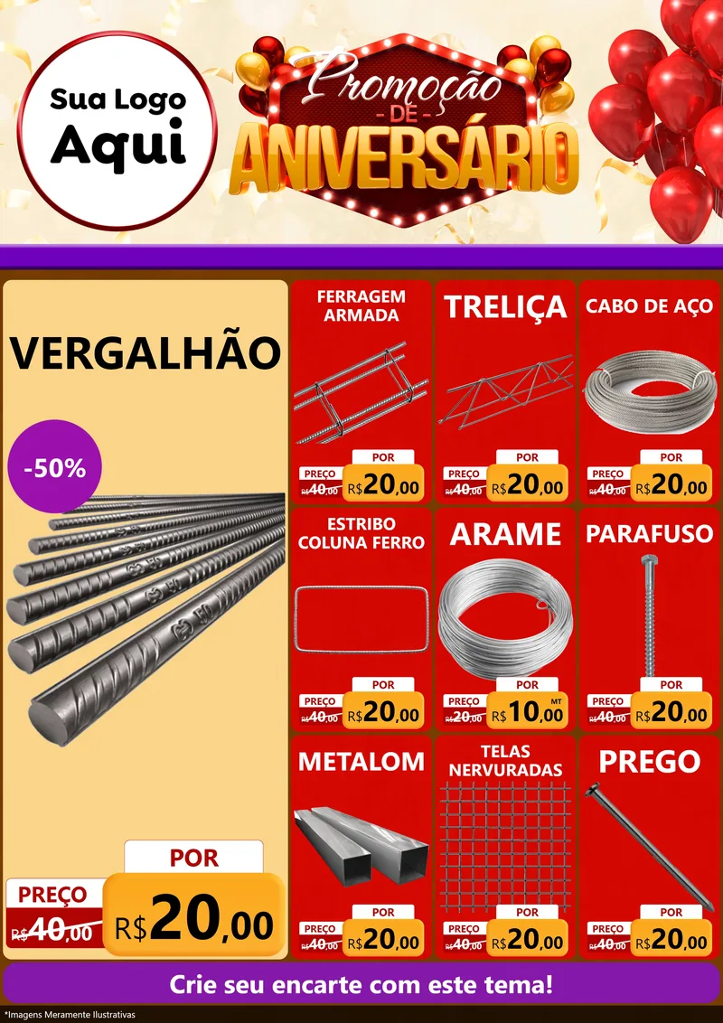 Modelo de Encarte para Encarte A4 Vertical com o tema Promoção de Aniversário para Ferragens