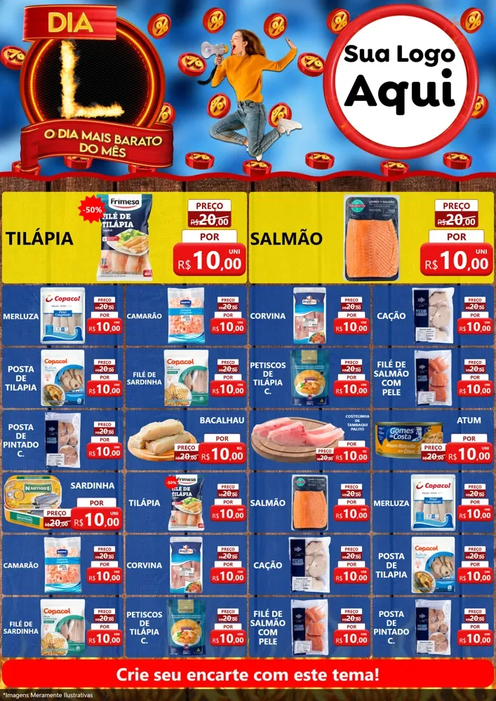 Modelo de Encarte para Encarte A4 Vertical com o tema Dia L - O Dia Mais Barato Do Mês para Peixaria