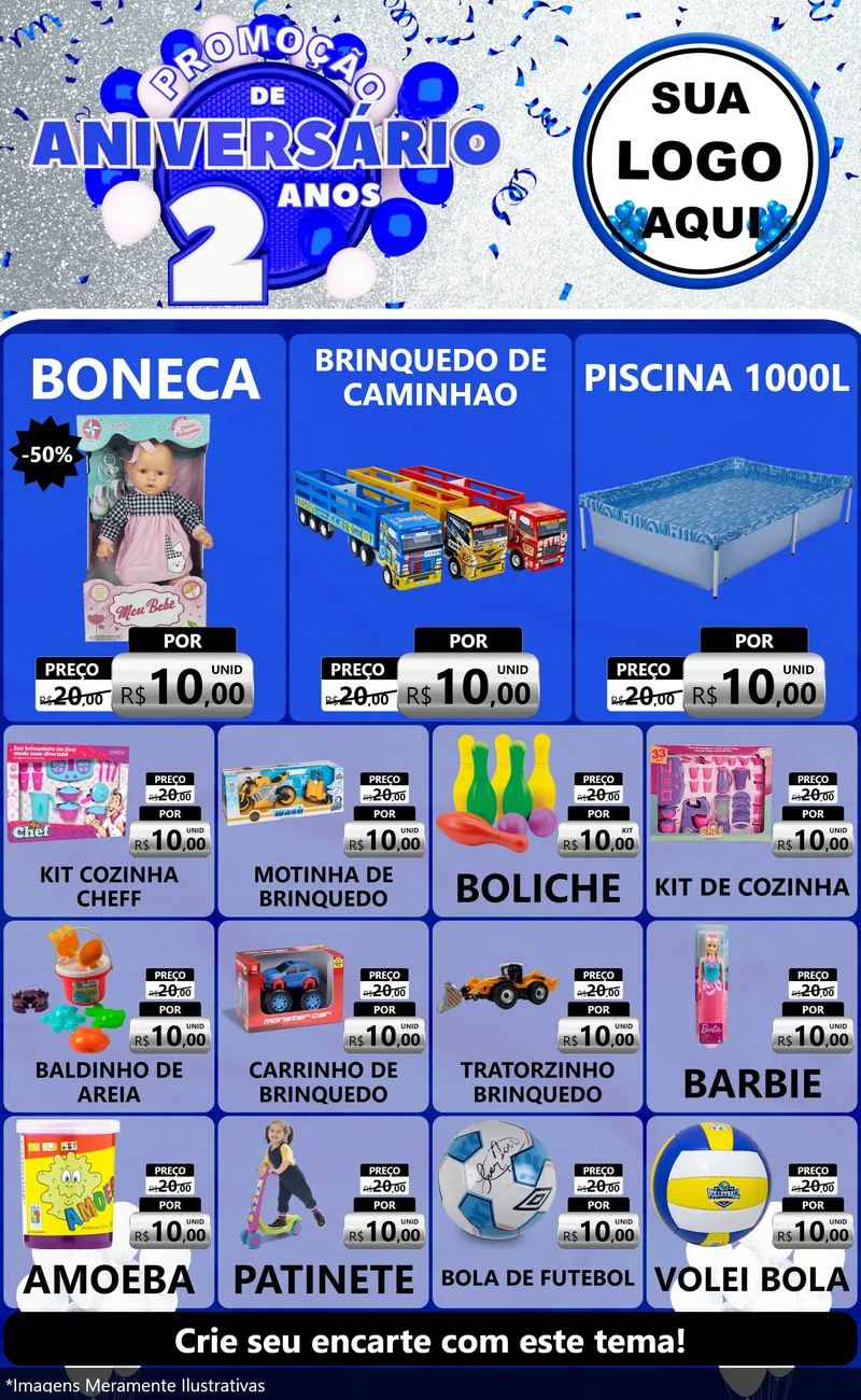 Modelo de Encarte para Encarte Grande com o tema Promoção de Aniversário - 2 Anos para Brinquedos