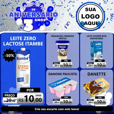 Modelo de Rede Social para Feed Facebook com o tema Promoção de Aniversário - 3 Anos para Frios e Laticínios