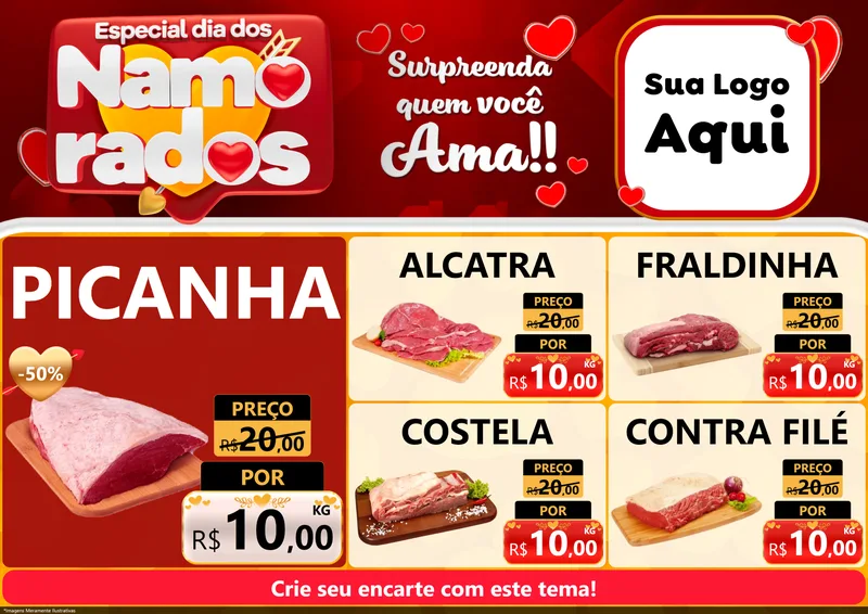 Modelo de Encarte para Encarte A4 Horizontal com o tema Especial Dia dos Namorados para Açougue