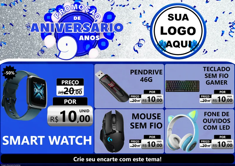 Modelo de Encarte para Encarte A4 Horizontal com o tema Promoção de Aniversário - 9 Anos para Informática