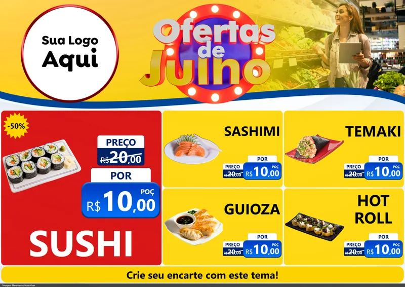 Modelo de Encarte para Encarte A4 Horizontal com o tema Ofertas de Julho para Comida japonesa