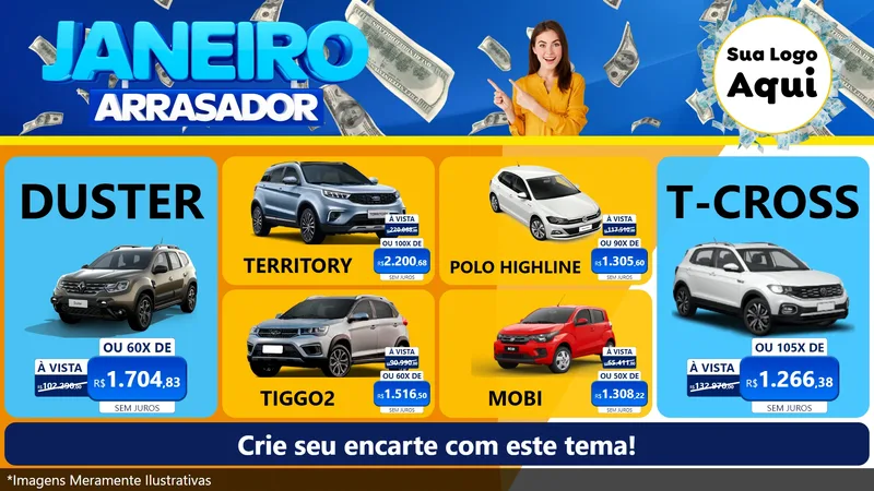 Modelo de TV para TV Horizontal com o tema Janeiro Arrasador para Concessionaria de Carros