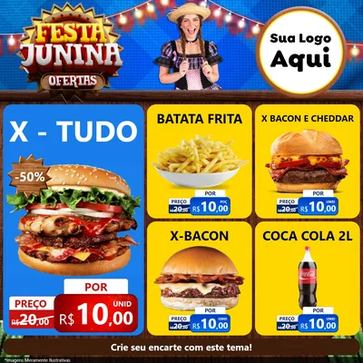 Modelo de Rede Social para Feed Facebook com o tema Festa Junina Ofertas para Hamburgueria