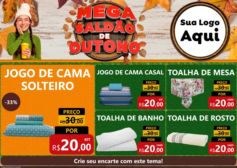Modelo de Encarte para Encarte A4 Horizontal com o tema Mega Saldão de Outono para Cama, Mesa e Banho