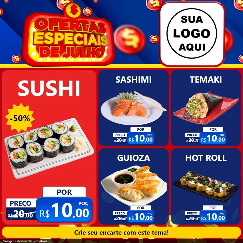 Modelo de Rede Social para Feed Facebook com o tema Ofertas Especiais de Julho para Comida japonesa