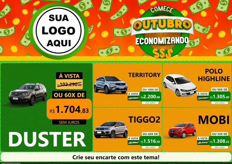 Modelo de Encarte para Encarte A4 Horizontal com o tema Comece Outubro Economizando para Concessionaria de Carros
