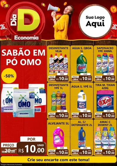 Modelo de Encarte para Encarte A4 Vertical com o tema Dia D Economia para Produtos de Limpeza