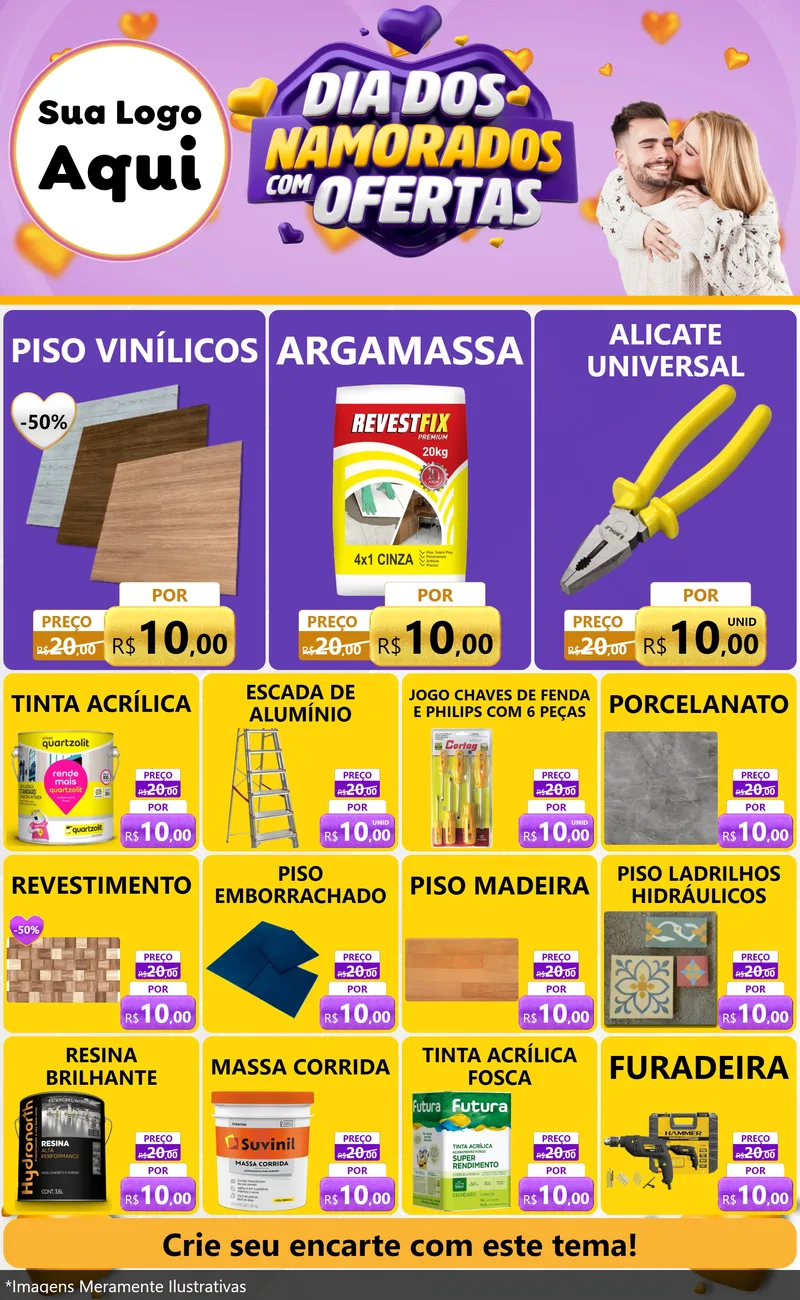 Modelo de Encarte para Encarte Grande com o tema Dia Dos Namorados Com Ofertas para Material para Construção