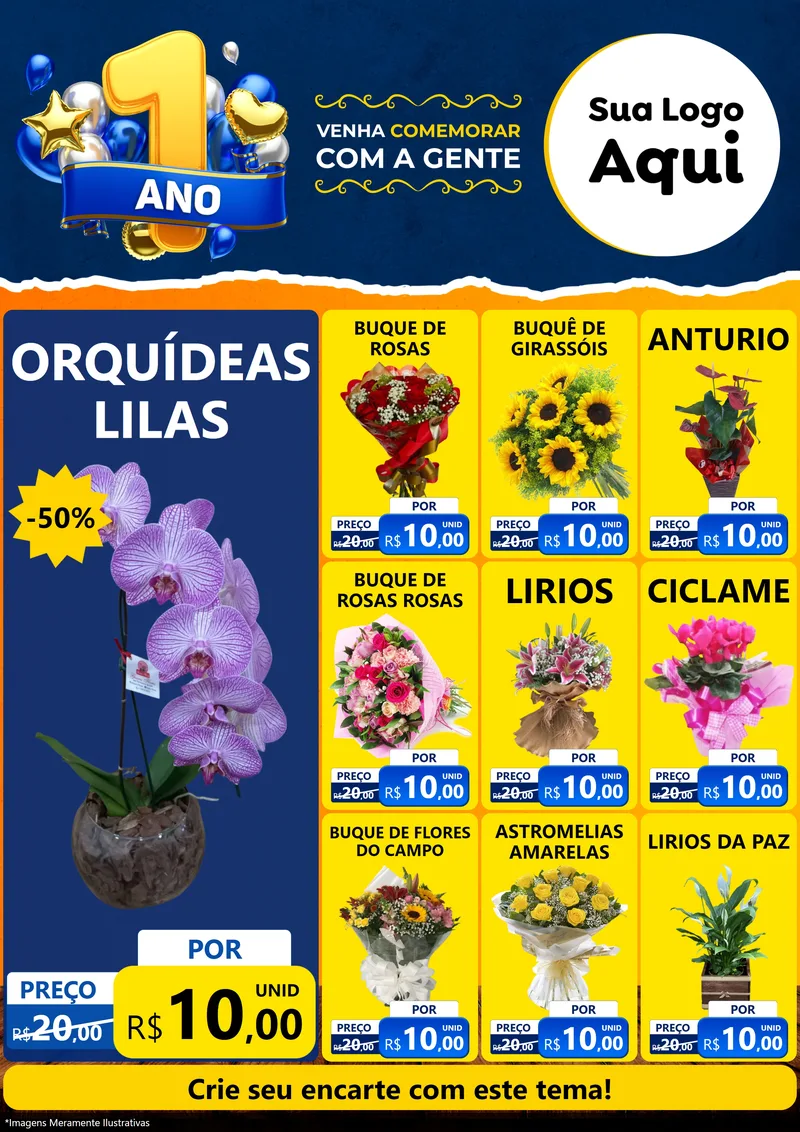 Modelo de Encarte para Encarte A4 Vertical com o tema Um Ano de Aniversário para Floricultura e jardim