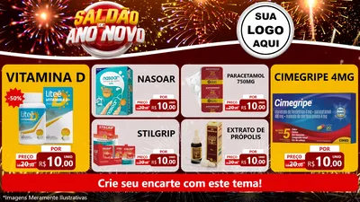 Modelo de TV para TV Horizontal com o tema Saldão de Ano Novo para Farmácia