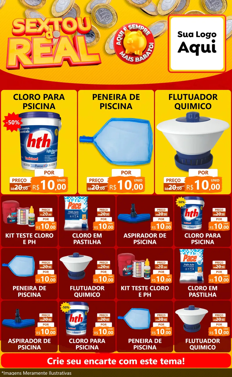 Modelo de Encarte para Encarte Grande com o tema Sextou do Real para Produtos para Piscina