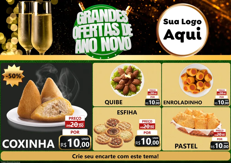 Modelo de Encarte para Encarte A4 Horizontal com o tema Grandes Ofertas de Ano Novo para Salgadaria