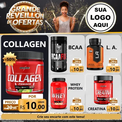 Modelo de Rede Social para Feed Facebook com o tema Grande Réveillon de Ofertas para Suplementos alimentares