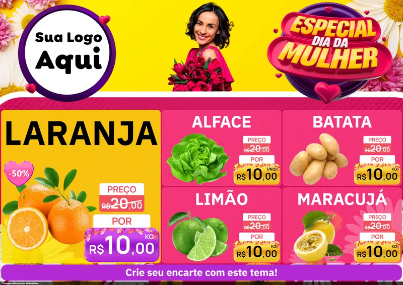 Modelo de Encarte para Encarte A4 Horizontal com o tema Especial Dia da Mulher para Hortifrúti