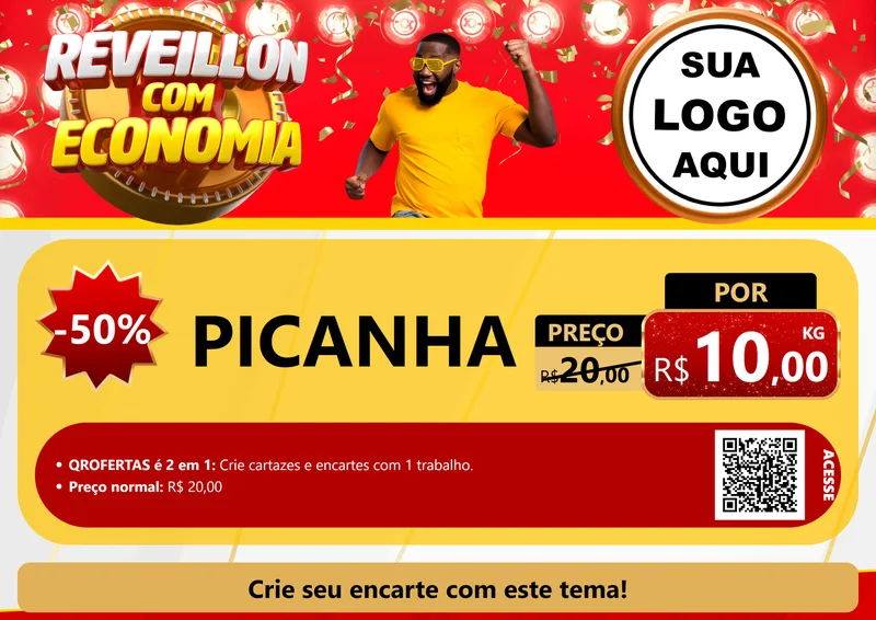 Modelo de Cartaz para Cartaz A4 Horizontal com o tema Réveillon com Economia para Açougue