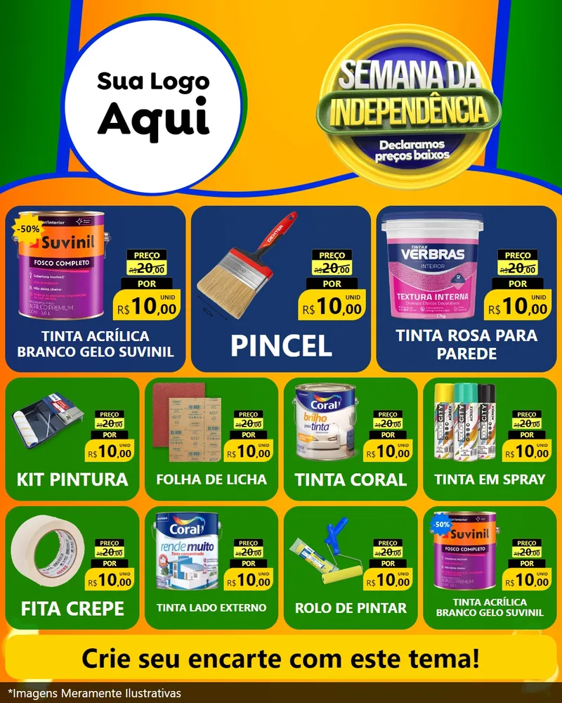 Modelo de Rede Social para Feed Instagram com o tema Semana da Independência Declaramos Preços Baixos para Tintas e Ferramentas