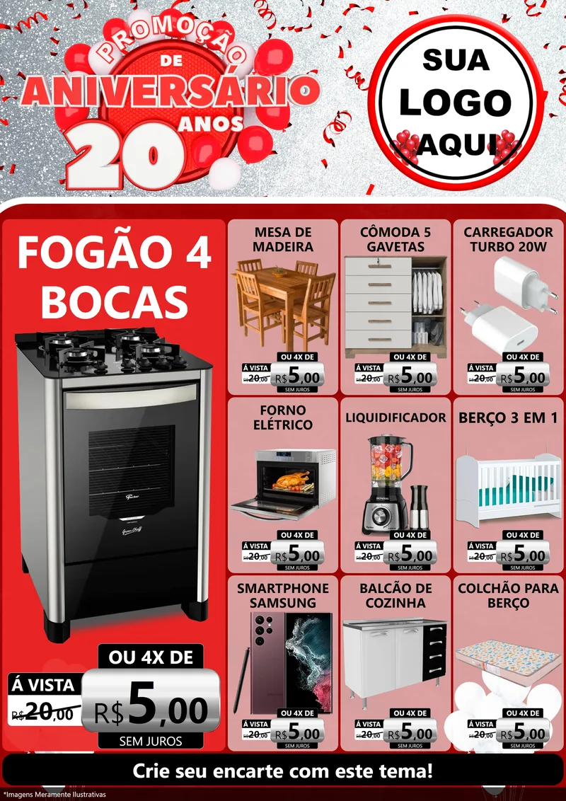 Modelo de Encarte para Encarte A4 Vertical com o tema Promoção de Aniversário - 20 Anos para Móveis e Eletro