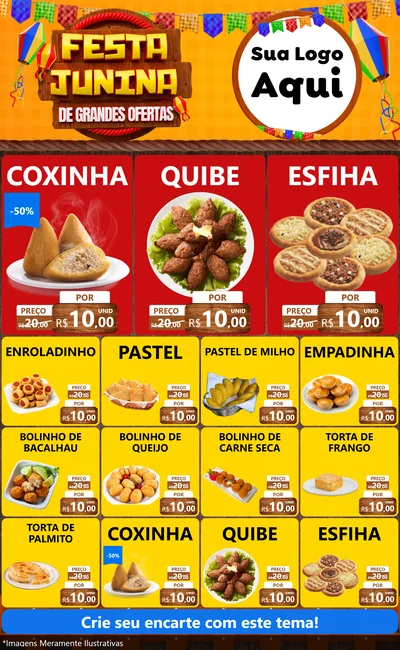 Modelo de Encarte para Encarte Grande com o tema Festa Junina de Grandes Ofertas para Salgadaria