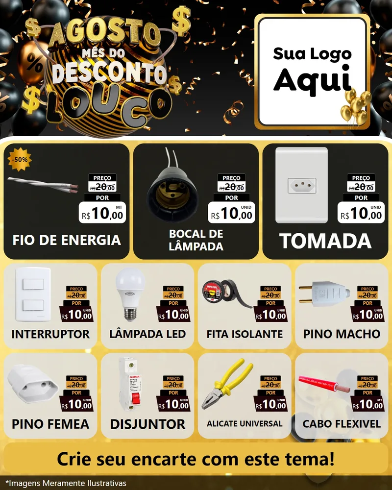 Modelo de Rede Social para Feed Instagram com o tema Agosto Mês do Desconto Louco para Materiais Elétricos