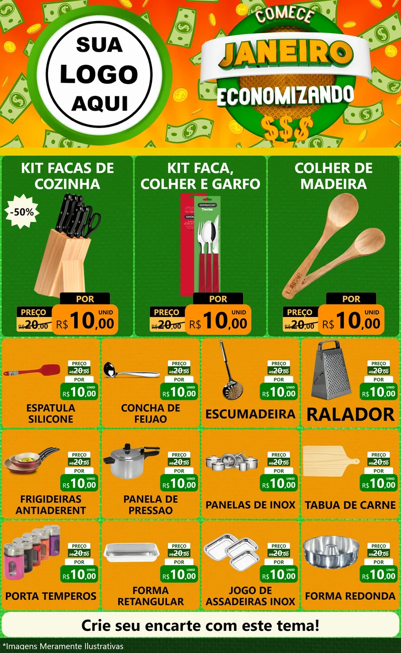 Modelo de Encarte para Encarte Grande com o tema Comece Janeiro Economizando para Utilidades Domésticas