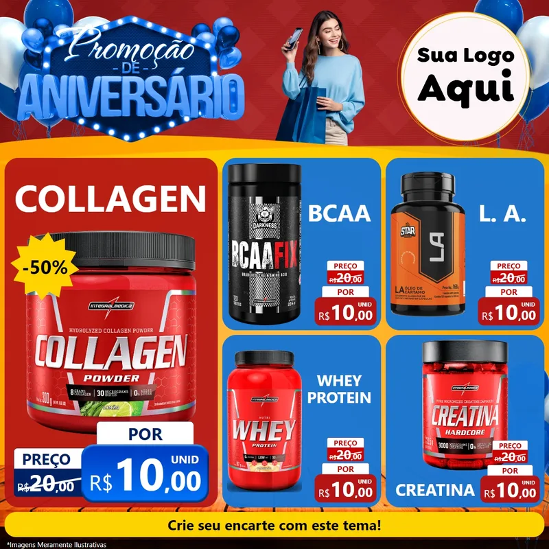Modelo de Rede Social para Feed Facebook com o tema Promoção de Aniversário para Suplementos alimentares