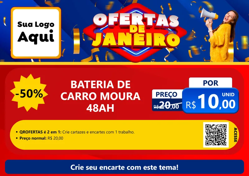 Modelo de Cartaz para Cartaz A4 Horizontal com o tema Ofertas de Janeiro para Baterias Elétricas