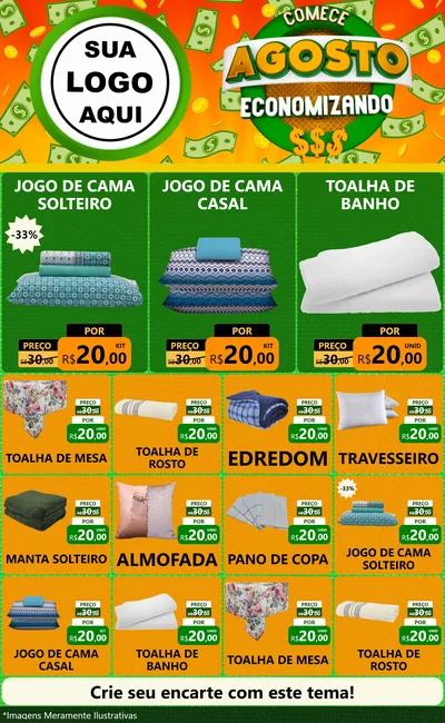 Modelo de Encarte para Encarte Grande com o tema Comece Agosto Economizando para Cama, Mesa e Banho