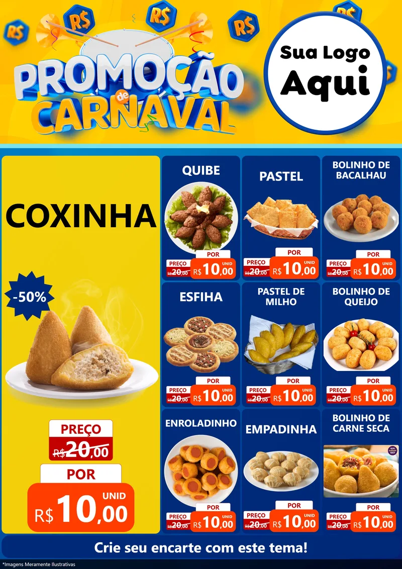 Modelo de Encarte para Encarte A4 Vertical com o tema Promoção de Carnaval para Salgadaria