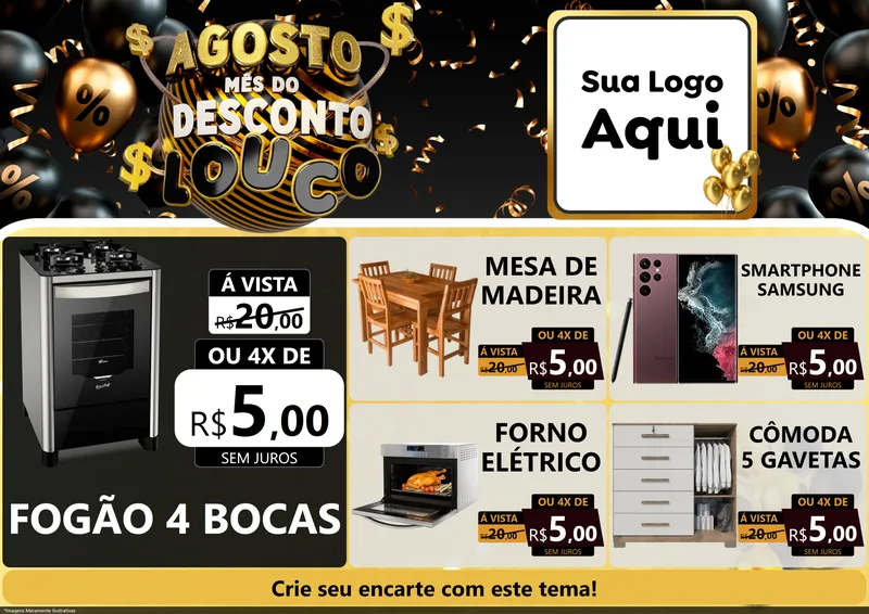 Modelo de Encarte para Encarte A4 Horizontal com o tema Agosto Mês do Desconto Louco para Móveis e Eletro