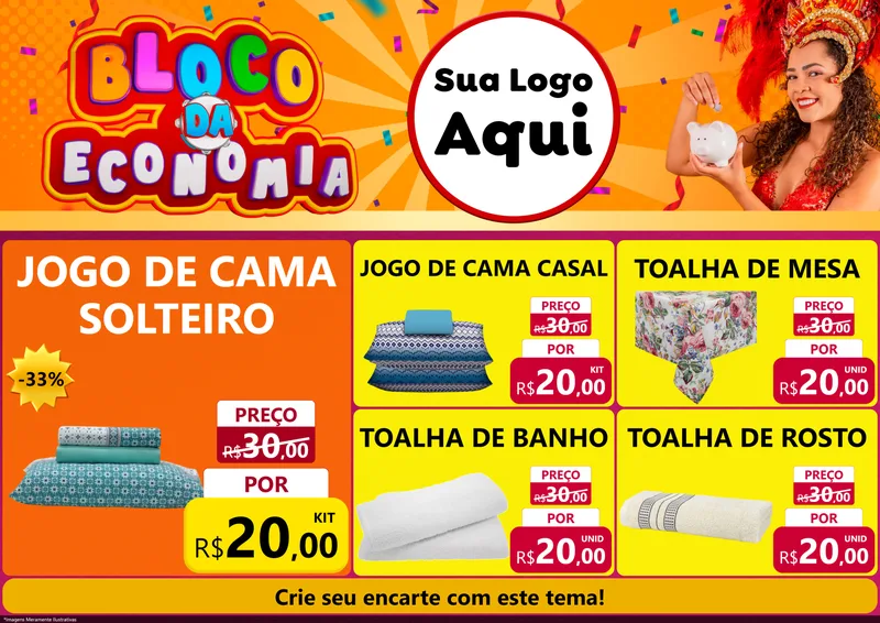 Modelo de Encarte para Encarte A4 Horizontal com o tema Bloco da Economia para Cama, Mesa e Banho