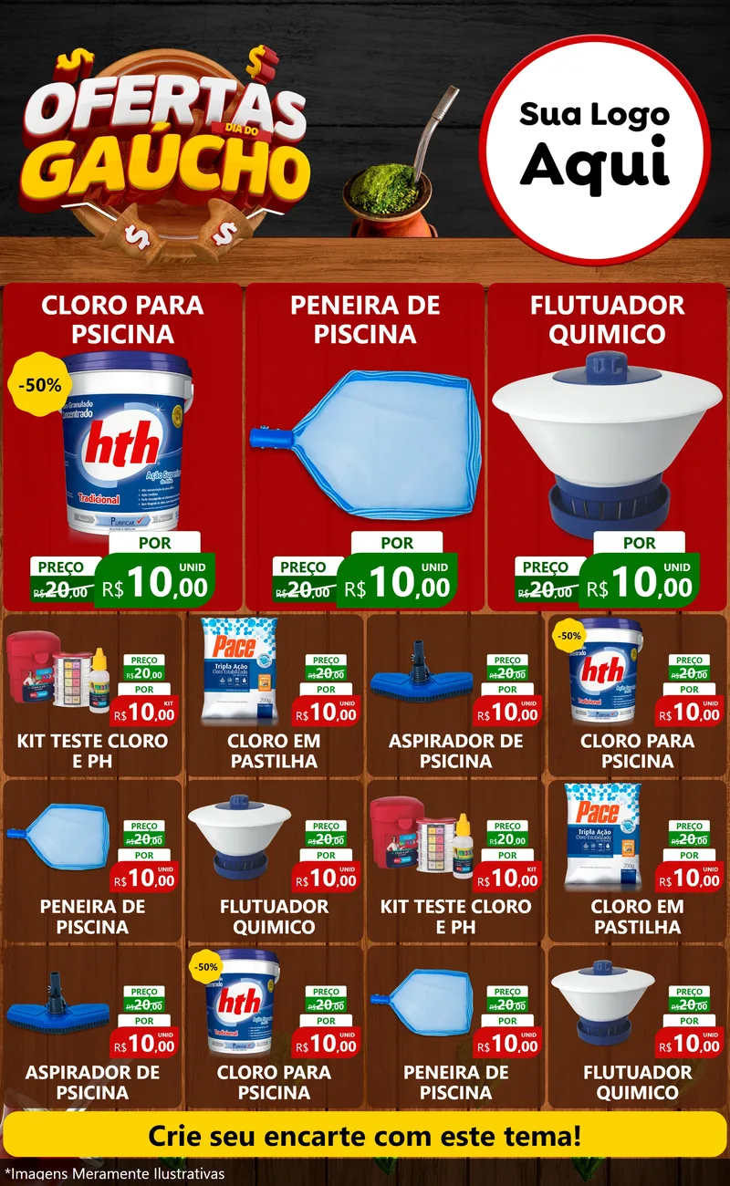 Modelo de Encarte para Encarte Grande com o tema Ofertas Dia do Gaúcho para Produtos para Piscina