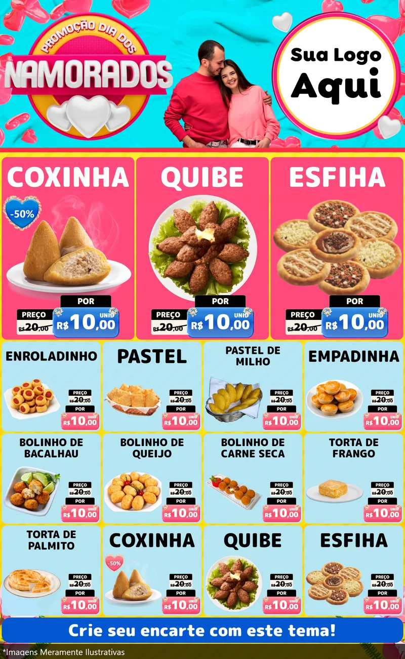 Modelo de Encarte para Encarte Grande com o tema Promoção Dia dos Namorados para Salgadaria
