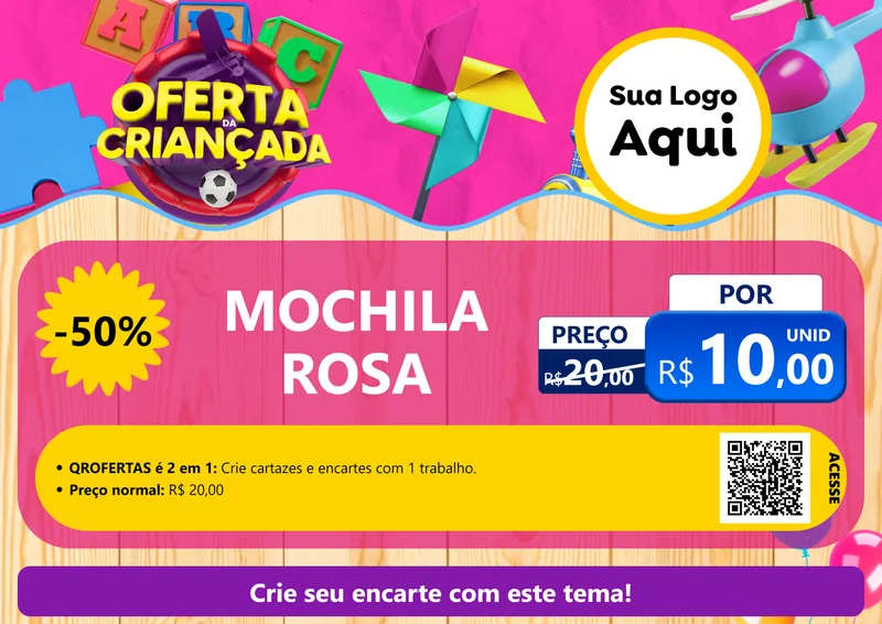 Modelo de Cartaz para Cartaz A4 Horizontal com o tema Oferta da Criançada para Papelaria