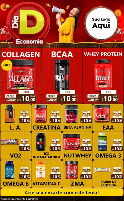 Modelo de Encarte para Encarte Grande com o tema Dia D Economia para Suplementos alimentares