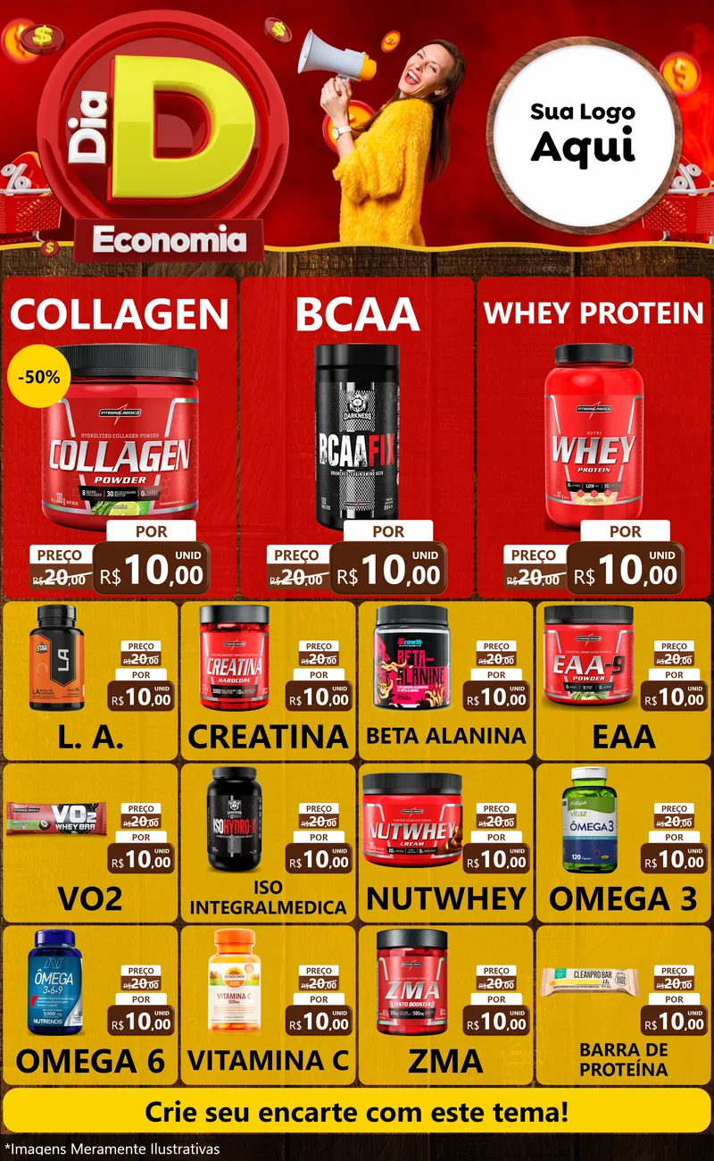 Modelo de Encarte para Encarte Grande com o tema Dia D Economia para Suplementos alimentares