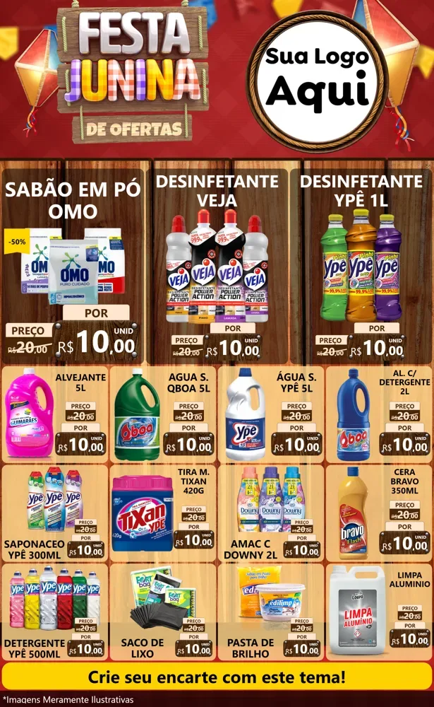 Modelo de Encarte para Encarte Grande com o tema Festa Junina de Ofertas para Produtos de Limpeza