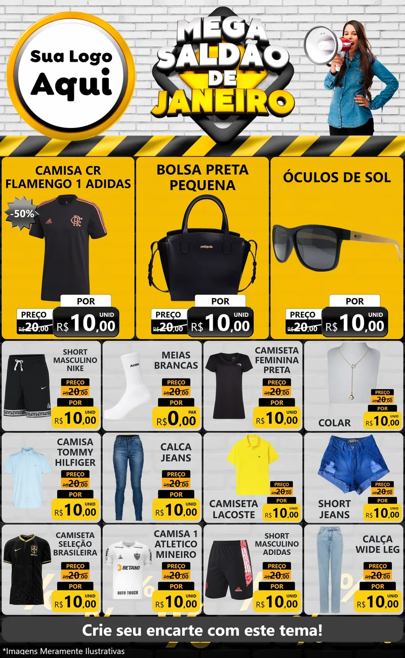 Modelo de Encarte para Encarte Grande com o tema Mega Saldão de Janeiro para Roupas e acessórios